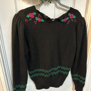 Herman Geist Vintage Sweater with Hang Floral and Striped Embroidery-Small